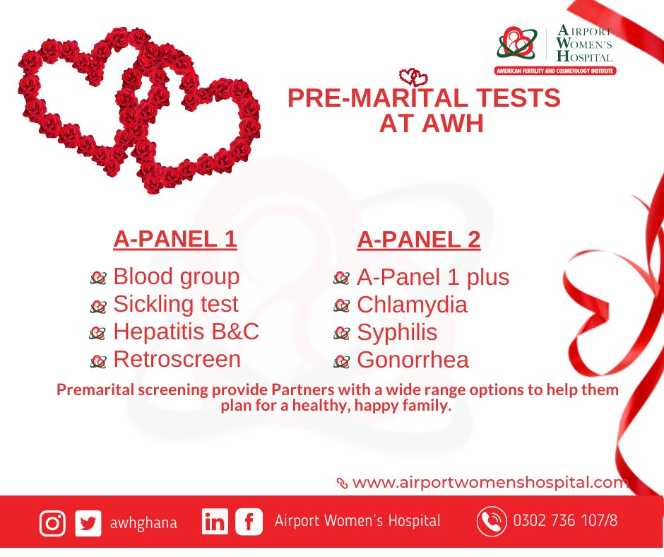 The journey to a happy, healthy home starts with knowing yourselves. 
Call us today to book for a premarital screening on 0302 736 107 or Visit us at 16 Kofi Annan Street, Airport Residential, Accra.

#healthinformation #happyhome #premaritalscreening #healthyfamily