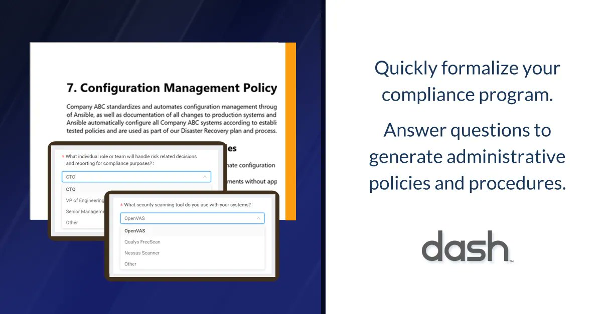 dashsdk's tweet image. Formalize your security program by quickly creating administrative policies and procedures. Learn about Dash policy creation. dashs.dk/3GHvE0h
