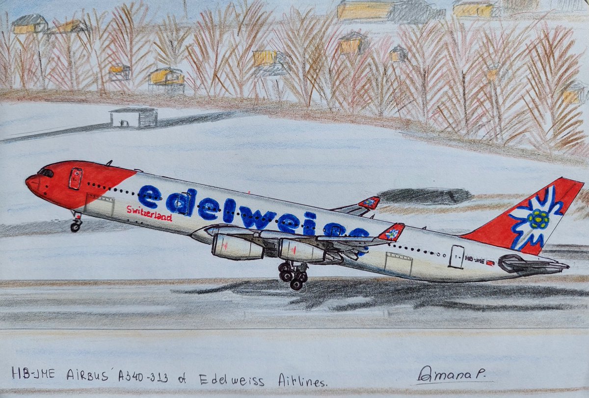 My drawing of Edelweiss Air Airbus A340-313 HB-JME 🇨🇭
148x210mm
#aviation #avgeek #Edelweiss #EdelweissAir #Switzerland  #swissairline #Airbus #AirbusA340 #A340 #Airplane #flying #aviation4u #aviationartist #traveling #travel #snow #winter #avgeeks #AvGeek