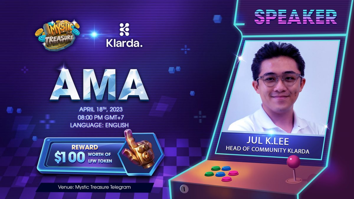 MysticTreasure_'s tweet image. ✨ AMA: MYSTIC TREASURE x KLARDA ✨

We're thrilled to announce that an AMA featuring Mystic Treasure &amp;amp; @KlardaOfficial will be held soon.

📅 Time: 08:00 PM GMT+7 | April 18, 2023.

👥 Host: Jasmine - Mystic Treasure.

🗣️ Speaker: Jul K.Lee - Klarda.