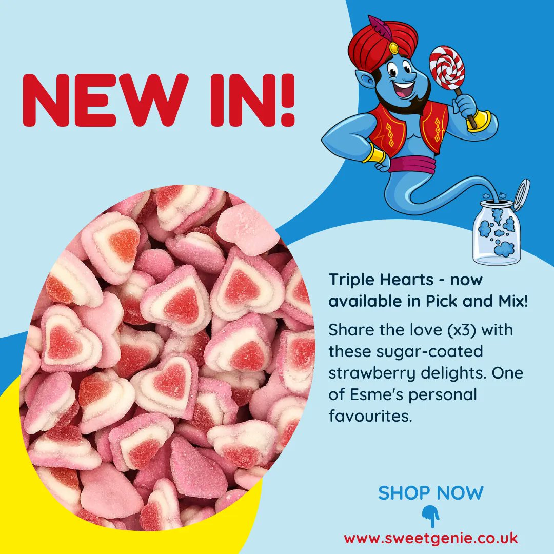SweetGenieCoUk's tweet photo. Triple Hearts - now available as a part of our Pick and Mix range. Shop now on our website!
-
Sweet Genie is an online sweet shop that supplies a wide range of sweets, chocolate, candy, crisps and drinks.
#pintpots #pickandmix #new #sweetshop #sweets #snacks https://t.co/epzxvjPQQ5