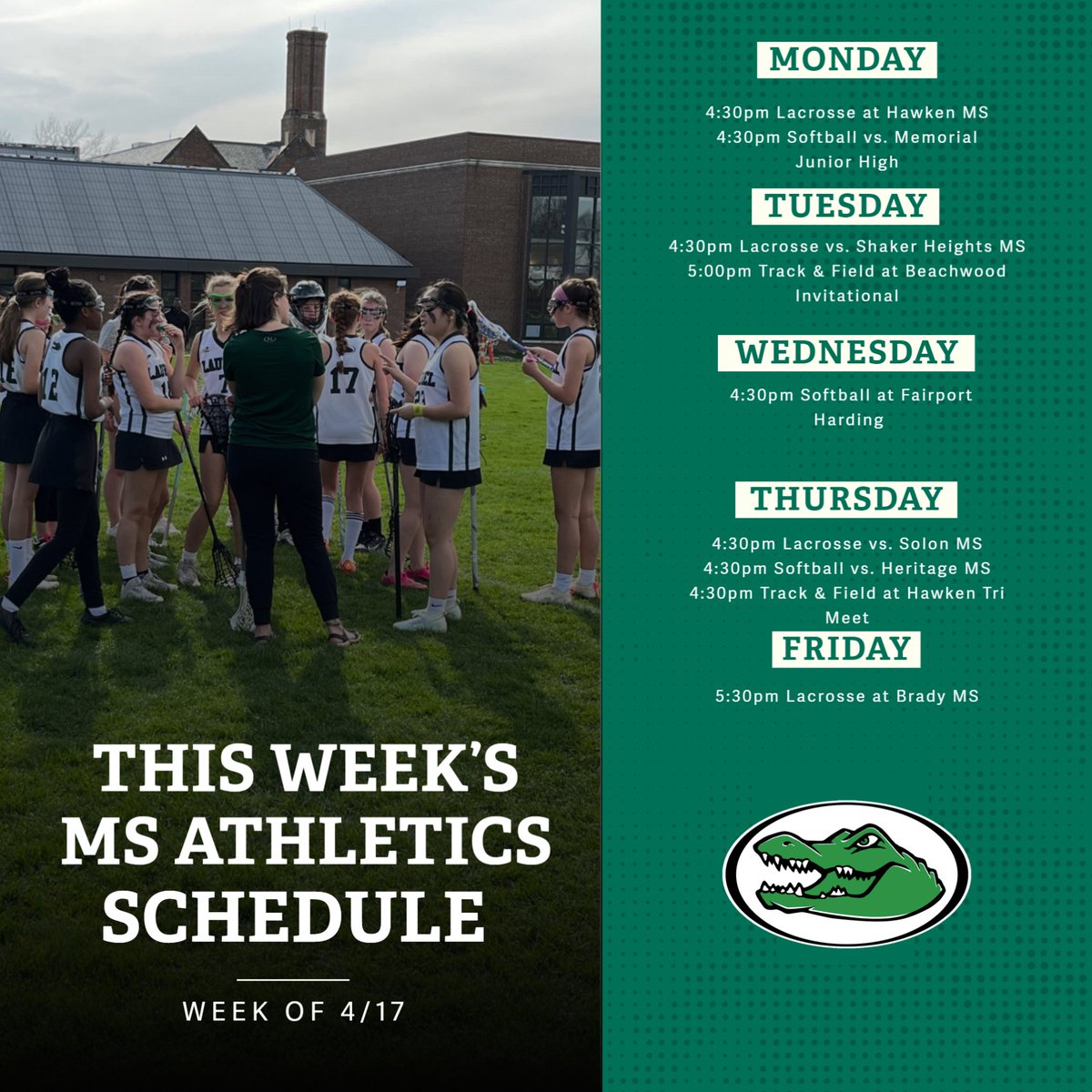 It's a busy week for Middle School athletics! Come out and cheer them on, they have been working hard at practice and it is showing in their competitions!

Go Gators!