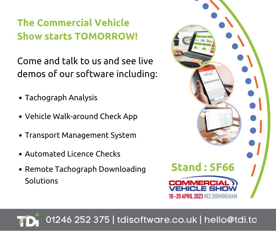 TDiSoftware's tweet image. We&apos;re back at @TheCVShow which starts tomorrow! 
Come and chat to us on stand 5F66, where we&apos;ll be showcasing our software on disc-check, TransMaS and vehicle-check. We&apos;d love to see you there. Get your tickets at bit.ly/3KGD2u6
#TachographAnalysis #VehicleChecks #TMS