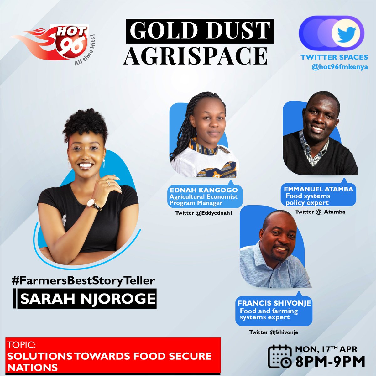 A food-secure nation is one where everyone has access to sufficient, safe & nutritious food at all times without compromising their economic, social and cultural well-being. 

Tune in to @Hot_96Kenya from 8 pm to 9 pm on April 17 2023, on #GoldDustAgriSpace for the conversation