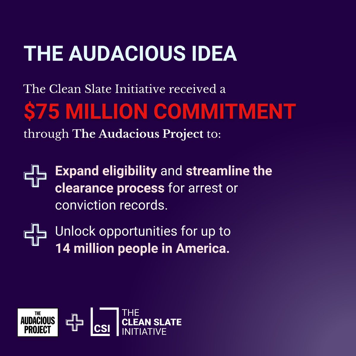CleanSlate_Init's tweet image. (2/2) This gets The Clean Slate Initiative closer to fully funding our strategy to fully clear records for up to 14 million of people in America.  

Learn more about our Audacious project here: cleanslateinitiative.org/audacious

#AudaciousProject #CleanSlate #SecondChance
