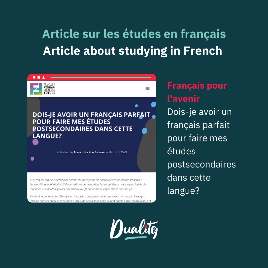 Linguistic Duality(LDN)/Dualité Linguistique(RDL) (@ldn_rdl) on Twitter photo 📝 Article : Dois-je avoir un français parfait pour faire mes études postsecondaires dans cette langue?
Lisez la suite de cet article de <a href="/francaisavenir/">Le français pour l'avenir | French for the Future</a> / Read the rest of this article from <a href="/francaisavenir/">Le français pour l'avenir | French for the Future</a> (French only)
➡️ ledroit.com/2023/02/25/bil…
#article #French 📝 Article : Dois-je avoir un français parfait pour faire mes études postsecondaires dans cette langue?
Lisez la suite de cet article de <a href="/francaisavenir/">Le français pour l'avenir | French for the Future</a> / Read the rest of this article from <a href="/francaisavenir/">Le français pour l'avenir | French for the Future</a> (French only)
➡️ ledroit.com/2023/02/25/bil…
#article #French
