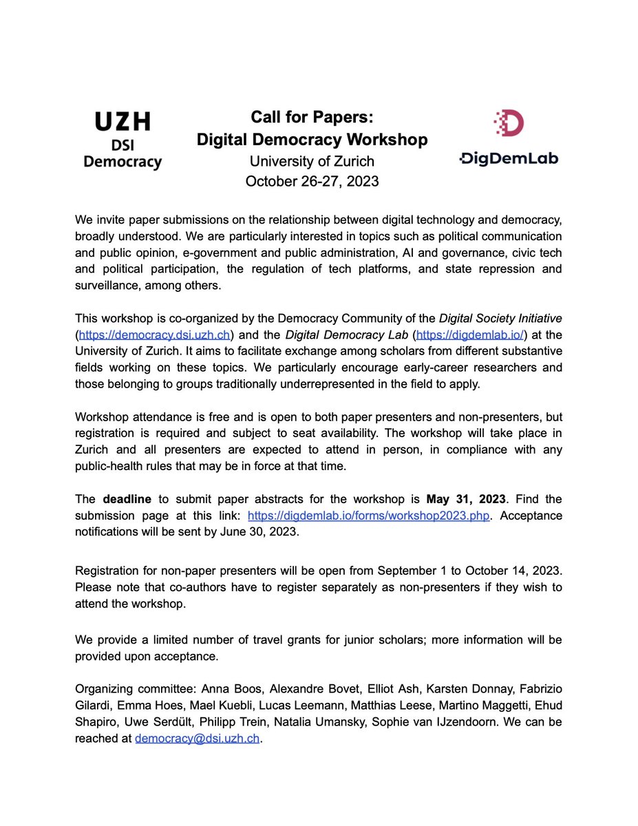 DSI Digital Democracy (@dsi_democracy) on Twitter photo ⚡️Call for papers⚡️
Digital Democracy Workshop (4th edition)
October 26-27, 2023
University of Zurich
<a href="/DSI_Democracy/">DSI Digital Democracy</a>
<a href="/DigDemLab/">Digital Democracy Lab</a>
⏰ Application deadline: May 31, 2023
🙌 Please share widely!
digdemlab.io/forms/workshop… ⚡️Call for papers⚡️
Digital Democracy Workshop (4th edition)
October 26-27, 2023
University of Zurich
<a href="/DSI_Democracy/">DSI Digital Democracy</a>
<a href="/DigDemLab/">Digital Democracy Lab</a>
⏰ Application deadline: May 31, 2023
🙌 Please share widely!
digdemlab.io/forms/workshop…