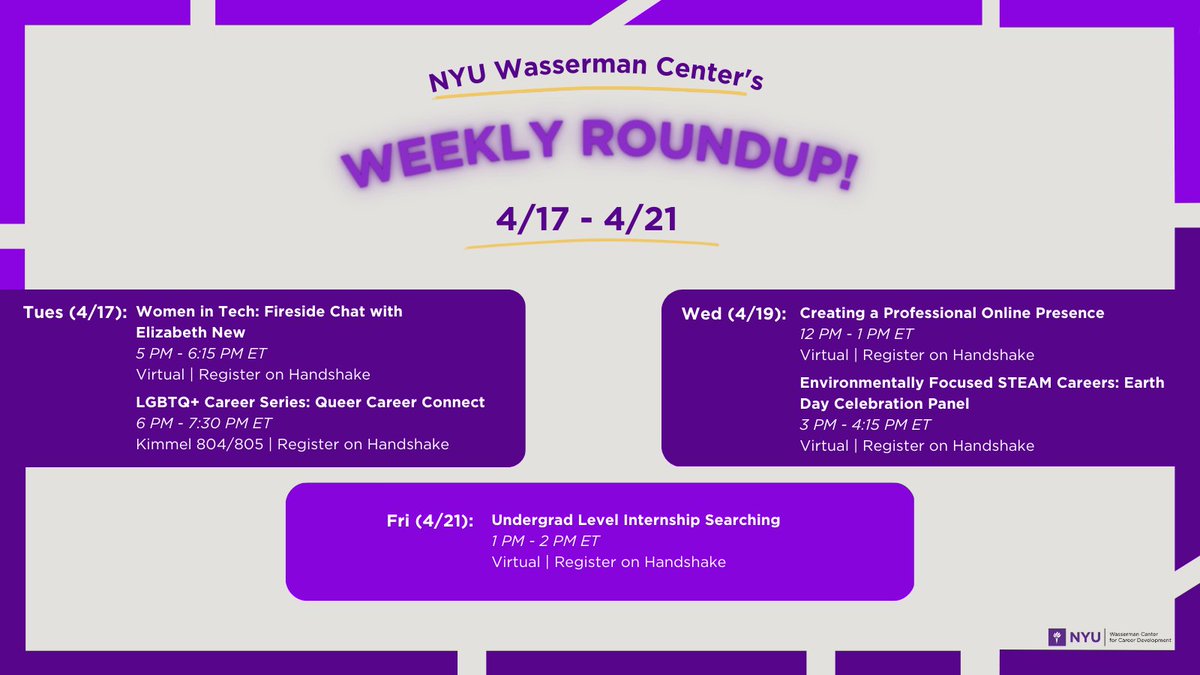 Take a look at a few of this week's event roundups! Register for these events and even more on Handshake. Get out, enjoy the weather, and attend some events!