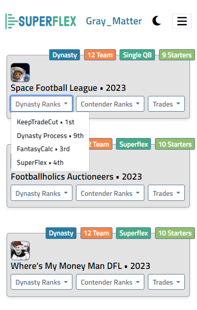 superflex_app's tweet image. New features added to DynastySuperflex.com: Now, you can easily compare your team's dynasty and contender rankings across multiple sources - all in one view. 📊🏆 Check it out now! 💻 #FantasyFootball #Superflex #DynastyFootball