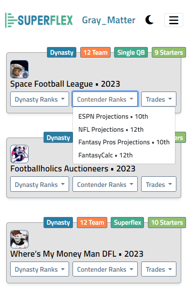 superflex_app's tweet image. New features added to DynastySuperflex.com: Now, you can easily compare your team's dynasty and contender rankings across multiple sources - all in one view. 📊🏆 Check it out now! 💻 #FantasyFootball #Superflex #DynastyFootball