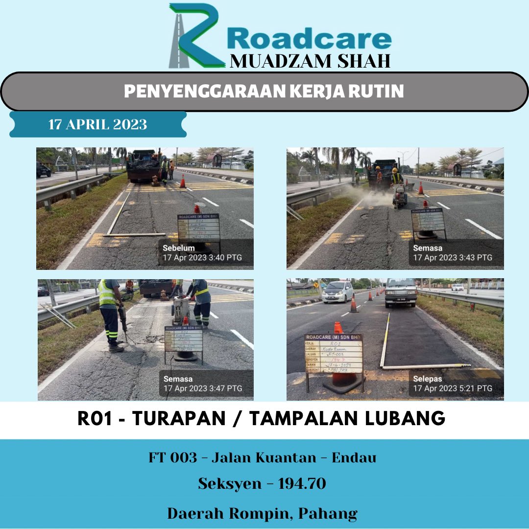 👷🏻‍♂️ #TeamRoadcareMuadzam 🚧
Penyenggaraan Kerja Rutin
R01 - Turapan / Tampalan Lubang

17 April 2023
FT 003 - Jalan Kuantan - Endau
Seksyen - 194.70
Daerah Rompin, Pahang

@JKRMalaysia 
@JKRPAHANG 
@JKRrompin 
@Roadcare_HQ 
@Roadcare_Phg