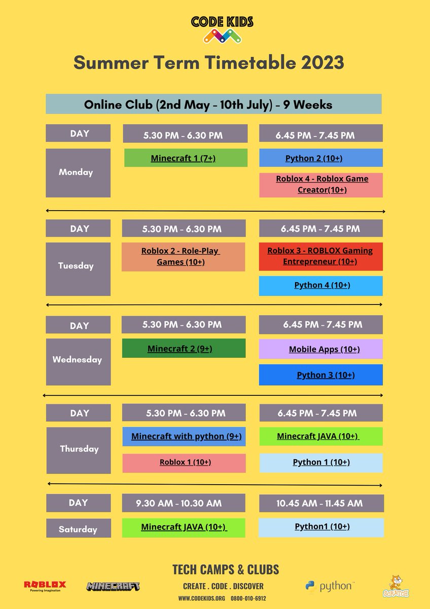 CodeKidsUK's tweet image. 🌞 Summer Term 2023 🌞
Great News! We are pleased to confirm that our Summer Term courses are now open for bookings. Lots of robotics and coding fun for children between the ages of 6 and 12! 
For more information and to book, please visit: codekids.org.uk/book/?swoof=1&amp;amp;…

#codingclubs