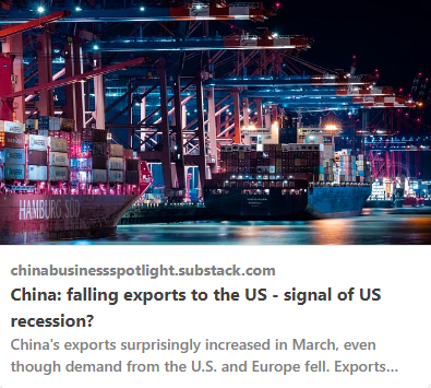 Despite falling demand from the #USA and #Europe , #China 's exports are surprisingly growing - an indication of a weakening global economy? #ChinaExports #GlobalEconomy 

chinabusinessspotlight.substack.com/p/china-fallin…