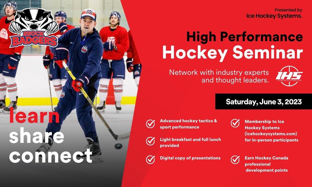 Brock Badgers HP Hockey Seminar presented by <a href="/icehockeydrills/">IceHockeySystems.com</a> 
Early Bird Tickets ON SALE NOW until May 8!

In-person 20% off
Virtual 20% off
Minor hockey 35% off
Students 40% off

All participants receive seminar video produced by <a href="/brocktv/">BrockTV</a> 

Tickets: bit.ly/3L6phq2