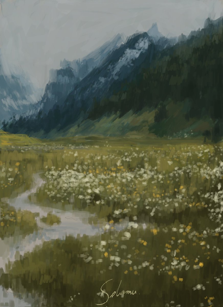 i did a quick art study again to ease me back in doing art again, I'll be right back to my illustrations soon 🥳 + slow but definite improvement! #landscapepainting #bgart