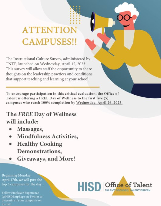 HISD_HRO's tweet photo. Everyday we are posting top 5 schools who are in the running for A Day of Wellness 
@Roosevelt_HISD 
@MGulfton 
@EAST_ECHS 
#southechs
@hisd_SRE 

@hisdelementary2 @HISD_ESO1
@hisdhighschools @GPonceHS @NirmolLim 
@JGSakaPapa
Don't see your name...it's not too late! https://t.co/dIt9qbqcaQ
