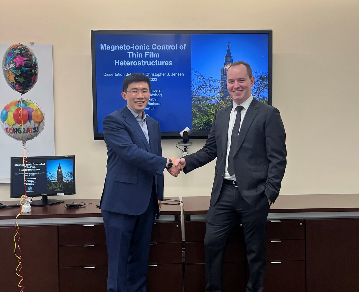 Congratulations to our newly minted Ph.D., Dr. Chris Jensen! <a href="/C_J_Jensen/">Christopher Jensen</a> successfully defended his dissertation on "Magneto-ionic control of thin film heterostructures" with distinction.