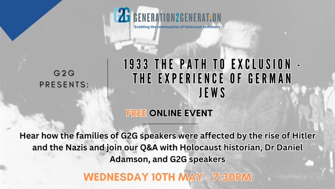 Join us for #G2GPresents - 1933 The path to exclusion: The experience of German Jews. 📆10th May @ 19:30 Hear how families of #G2G speakers were affected by the rise of the Nazis from 30 January to 31 July 1933, followed by a Q&A with @DanielEAdamson. eventbrite.co.uk/e/g2g-presents…