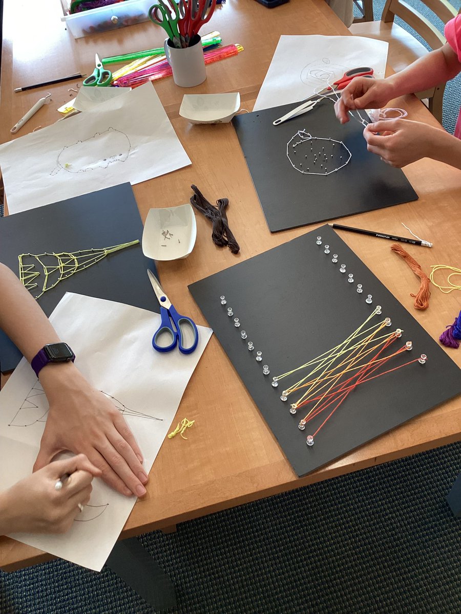 GWLibrary's tweet photo. Last Friday over spring break, Teen Librarian Amy hosted a geometric string art event for middle and high school students. Check out their beautiful creations! https://t.co/5MV7jCsFIS