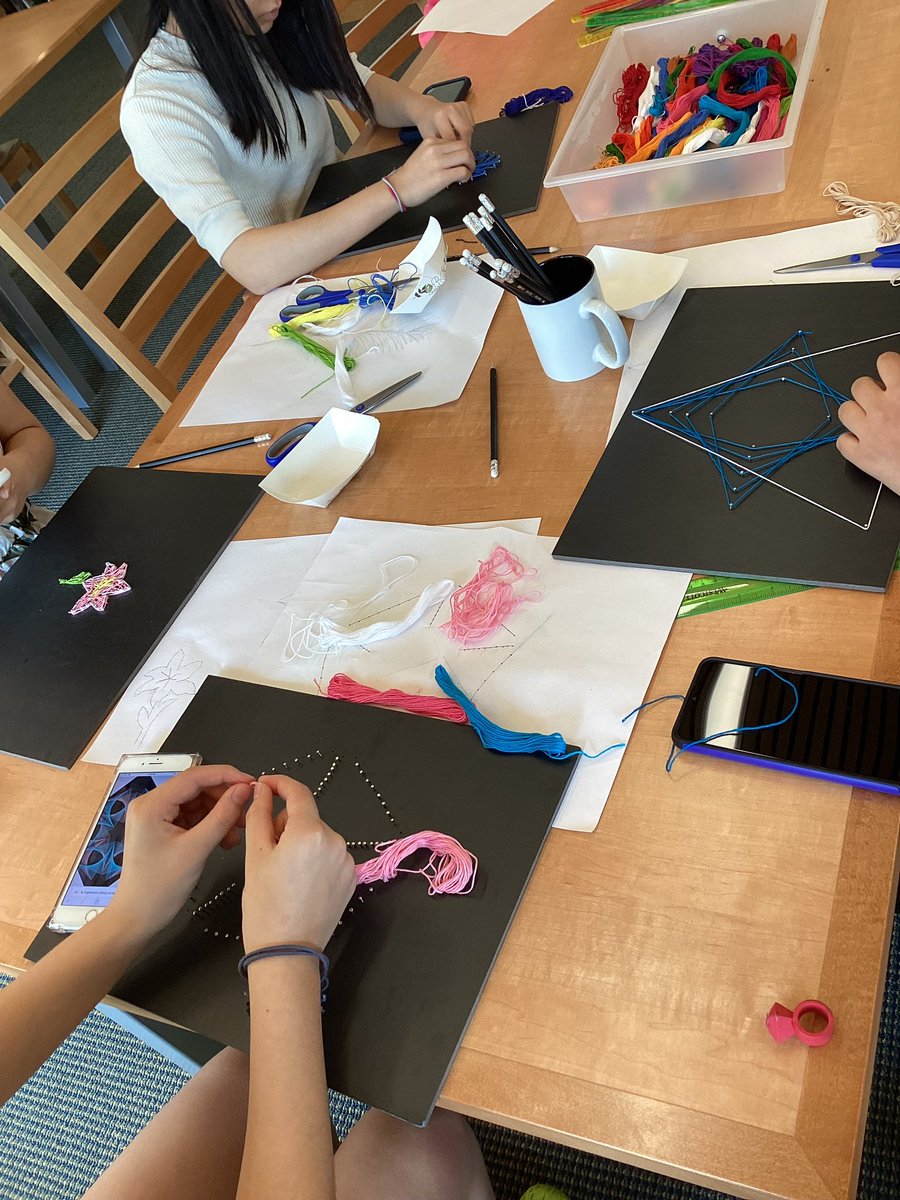 GWLibrary's tweet photo. Last Friday over spring break, Teen Librarian Amy hosted a geometric string art event for middle and high school students. Check out their beautiful creations! https://t.co/5MV7jCsFIS