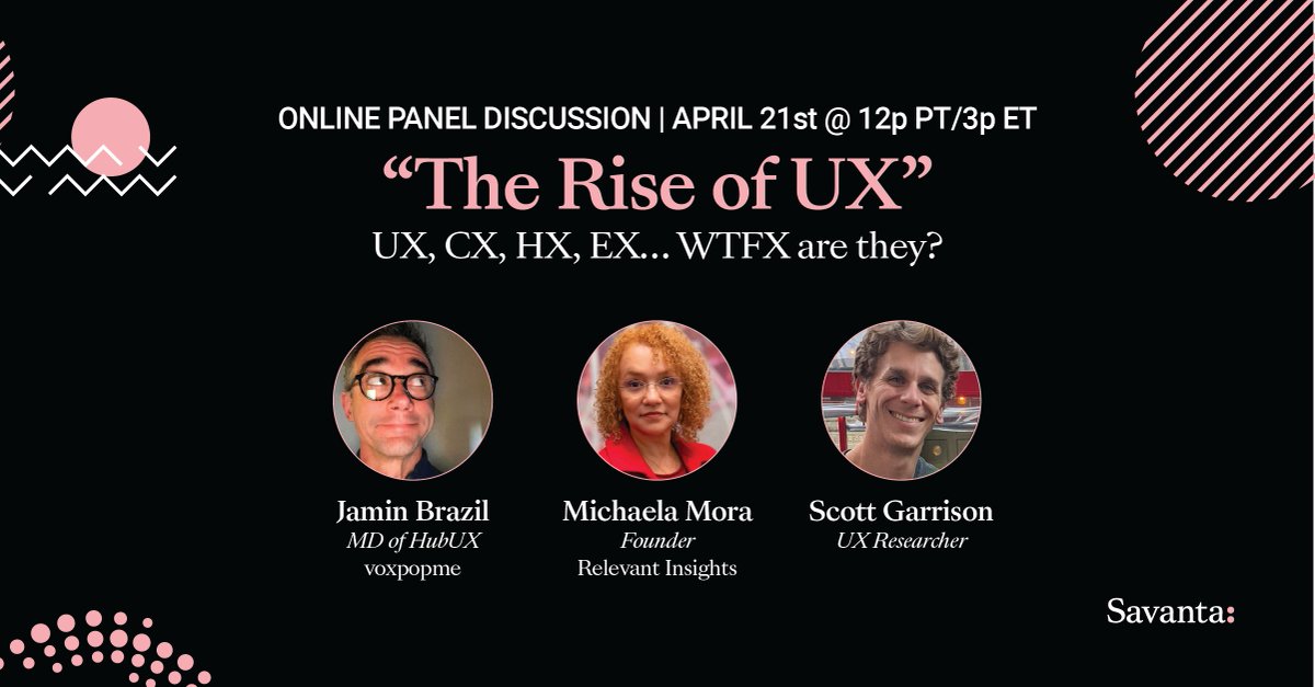 The insights community is debating the link between market research and UX research. Don't miss the panel The Rise of UX. on Friday, April 21st, 12pm PST| 3pm ET ow.ly/y06U50NKbRm  with me,  <a href="/jaminbrazil/">jaminbrazil</a>, Scott Harrison  &amp; <a href="/NikkiSavanta/">Nikki Lavoie</a> #mrx #uxresearch #relevantinsights