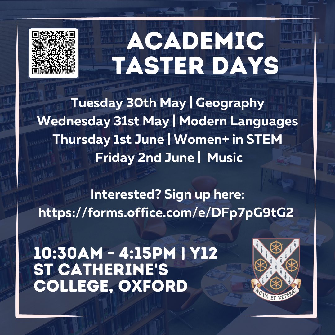 We are delighted to announce that registrations for our Year 12 Geography, Modern Languages, Women+ in STEM, and Music Academic Taster Days, held in May half-term, are now open! For more information and access to the registration form, visit: stcatz.ox.ac.uk/prospective-st…