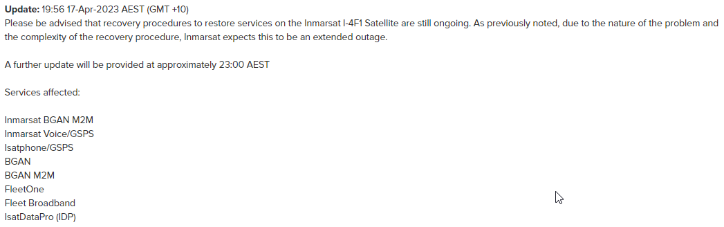 scanSydney's tweet photo. Still no updates re the #Inmarsat I-4F1 Satellite outage affecting #maritime #aviation #rural users in #Australia/#NewZealand and the greater Pacific Ocean Region. #cpdlc #stdc #bgan #sbs #satphone @thebaldgeek https://t.co/lSIwVFNCum