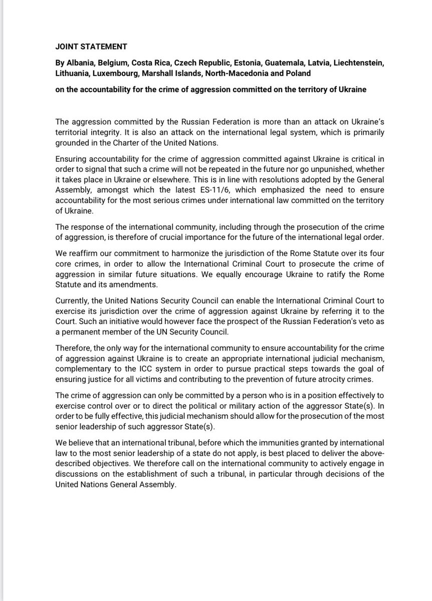 Guatemala 🇬🇹 joins 🇦🇱🇧🇪🇨🇷🇨🇿🇪🇪🇱🇻🇱🇮🇱🇹🇱🇺🇲🇭🇲🇰🇵🇱reaffirming their position on #accountability for ther #CrimeOfAggression, including the establishment of an international tribunal for aggression against 🇺🇦⚖️.