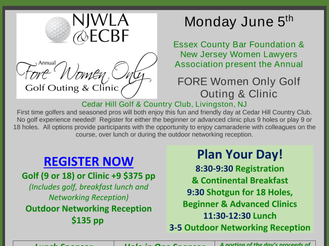 Upcoming CLE, GOLF and Nuts & Bolts!
Register Now
#NJWLA #NJWomenLawyers #FreeCLE #FOREWomenOnlyGolfOuting
conta.cc/3UHHxsW
conta.cc/3mIm1HW