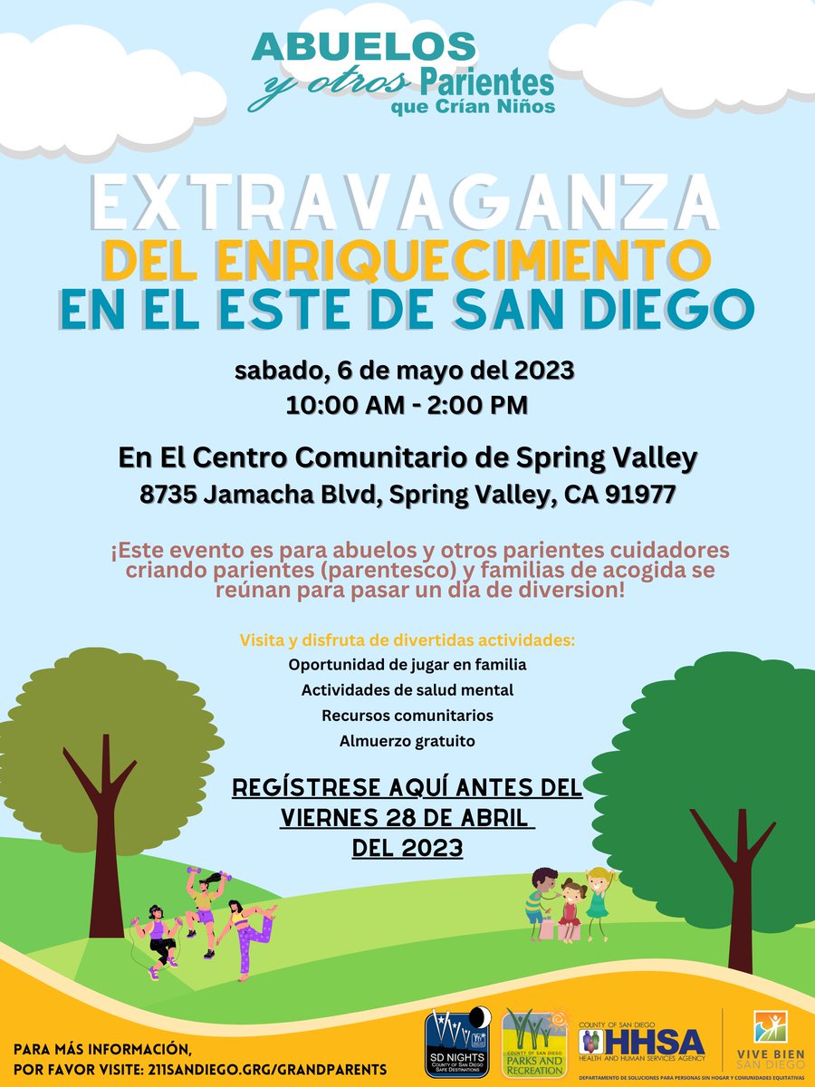 IPSEastCounty's tweet photo. Calling all Kinship and Foster Families! We are inviting you to join Live Well San Diego at the East Enrichment Extravaganza for a FREE family fun opportunity to spend quality time together, learn about community resources and get active! https://t.co/4h0e37uCQg