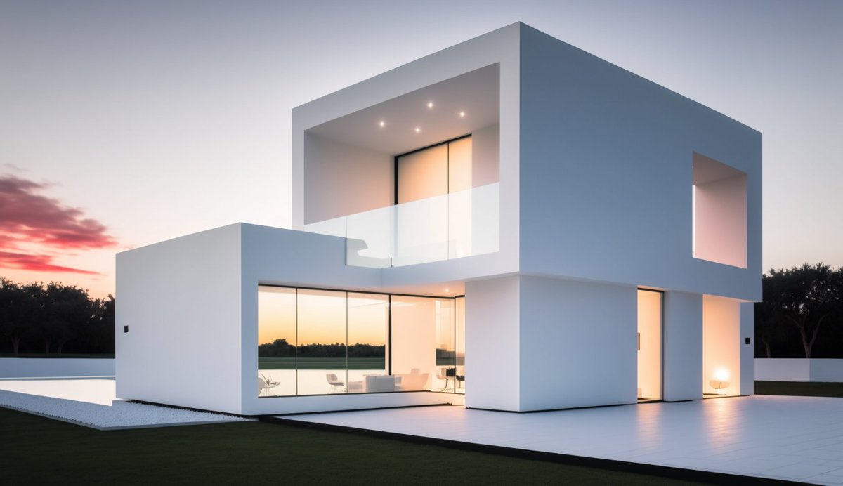FluentPix's tweet photo. Professional Photography for Architecture villa stunning example of minimalist modern architecture, It is a two-story structure with a white facade, clean lines, and an overall sleek aesthetic, inspiration for this design comes from the renowned Spanish architect Fran Silvestre, https://t.co/rN4NNxXnlA