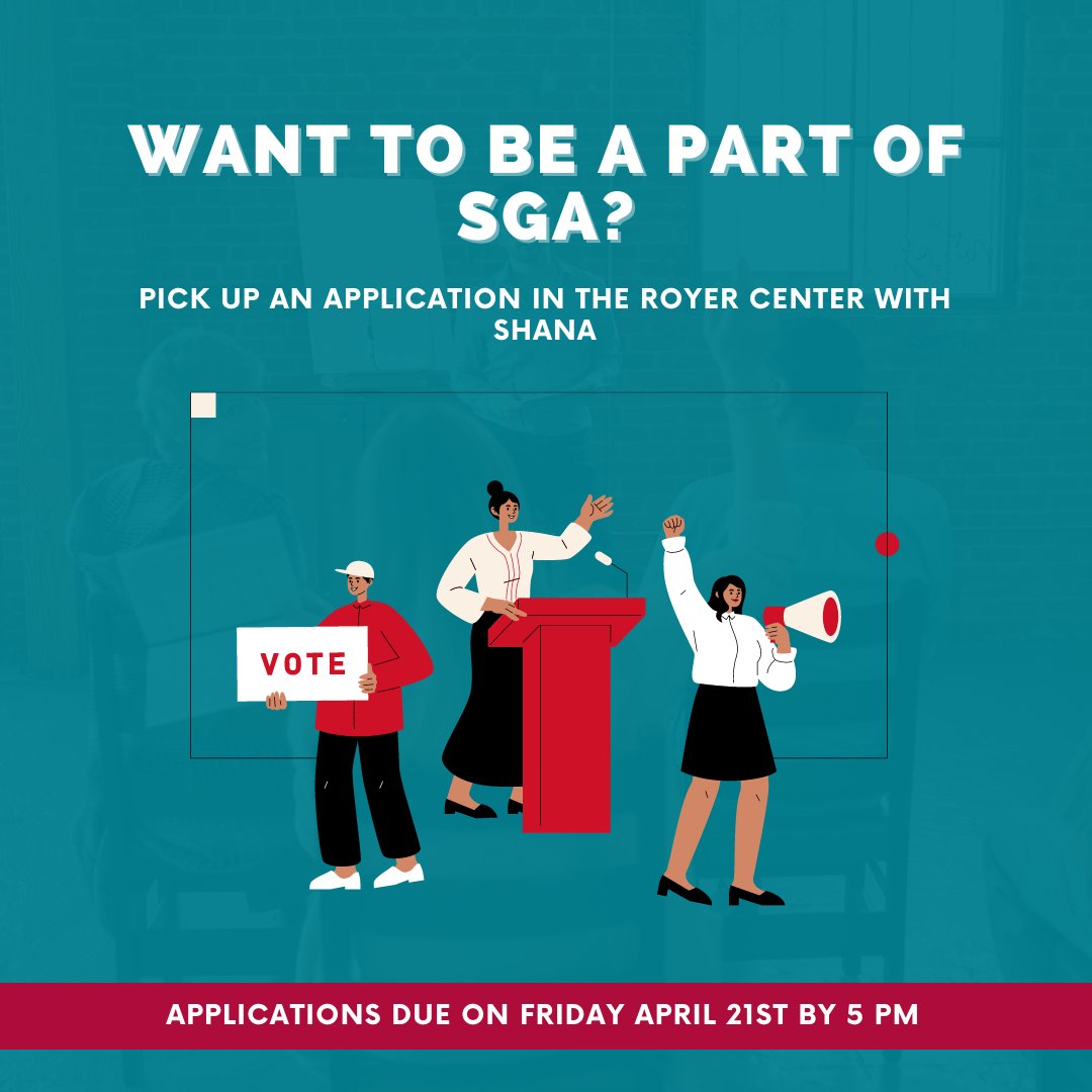 If you want to be a part of the decision-making process on campus make sure to pick up an application at the Royer Center! Applications are due this Friday by 5 pm!