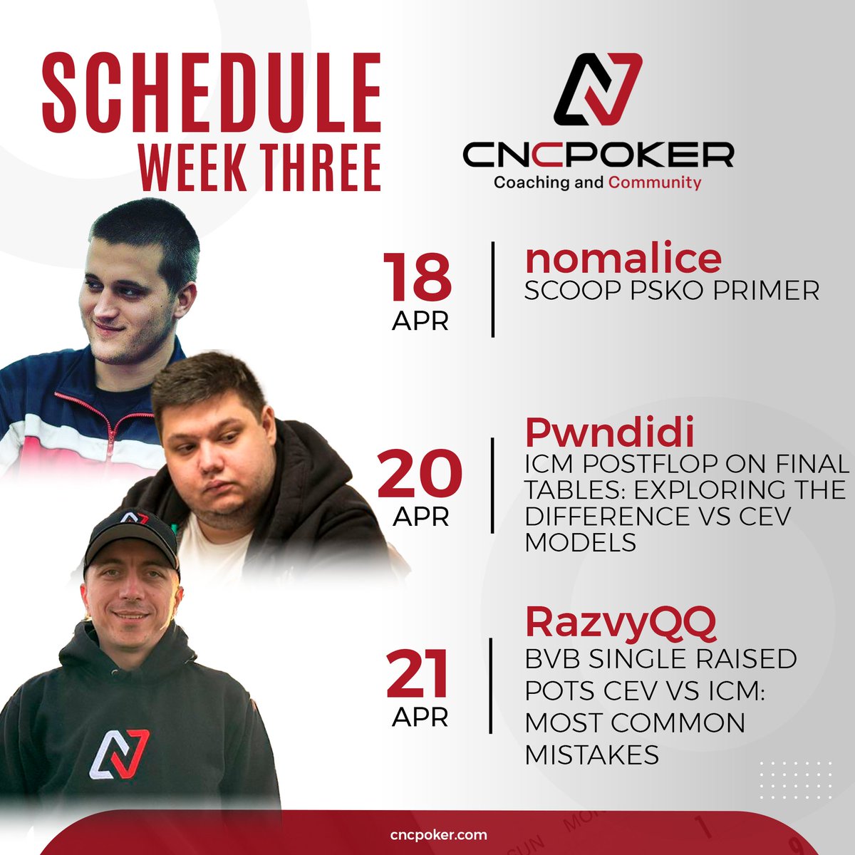Our Week Three coaching schedule in CNC includes our first session with recent #EPT winner <a href="/BeleaRazvan/">Belea Razvan</a> 

Join our free public Discord server if you want to find out more - discord.gg/gY3uXeN5x4

#poker #pokeronline #pokercoaching #pokercoach