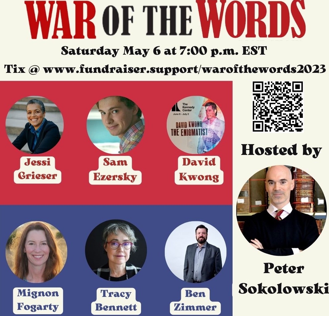 This'll be fun! Webster's War of the Words, a fundraiser for @NoahWebHouse, will be held online on May 6th at 7 pm ET. It's Blue Team (@GrammarGirl @teeracyrox + me) vs Red Team (@jessgrieser @thegridkid @davidkwong), emceed by @PeterSokolowski. Join us! fundraiser.support/warofthewords2…