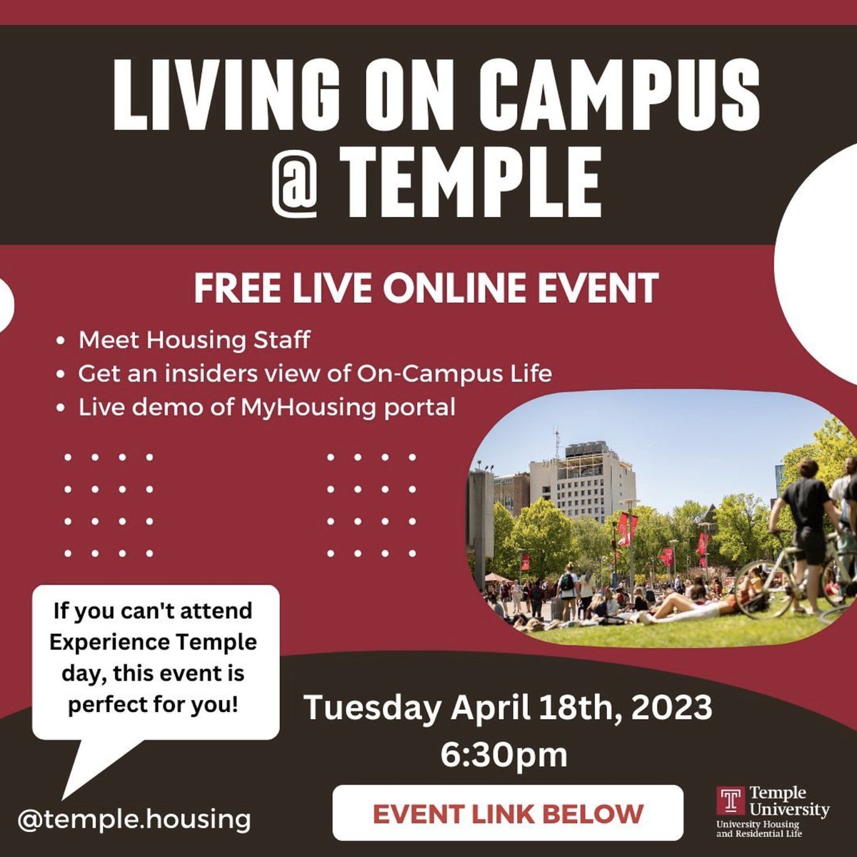 TempleUniv's tweet photo. Incoming Owls! Join @TempleHousing tomorrow Tuesday, April 18 at 6:30 p.m. for a live, online event to learn more about living on campus 🏠

Zoom link: https://t.co/dxb0jWAU6P https://t.co/To0Osf8UGf