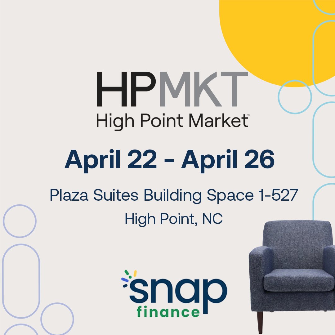 MySnapFinance's tweet photo. Next week we will be at High Point Market talking to customers and exhibitors about the Snap Finance difference. Stop by our booth in Plaza Suites Building Space 1-527 on April 21-April 24 from 9am to 5pm to learn how Snap can help boost your sales.
#snapfinance #HPMKT https://t.co/FcGbMDJHY5