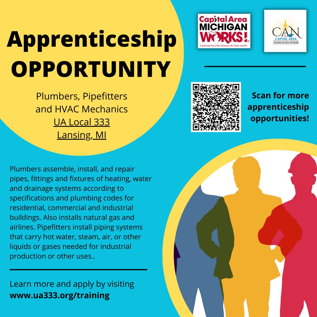 CapitalAreaCAN's tweet image. Check out this apprenticeship opportunity with UA Local 333! For more apprenticeship opportunities, scan the QR code below. #Apprenticeships @camwjobs @UAPipeTrades