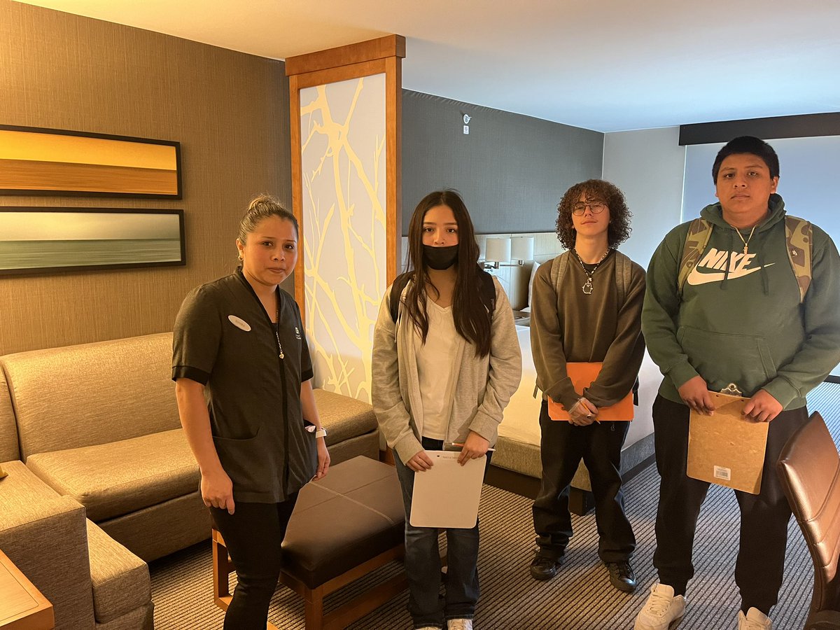 WBTravisECHS's tweet photo. Awesome job-shadowing learning experience today! Our Hospitality PTECH students got to observe and ask questions as they followed housekeeping staff @HyattPlace Austin Airport. Thank you for hosting us! @TravisRebels @AustinISD_ECP #workbasedlearning #ptechworks https://t.co/W2q0AERKns