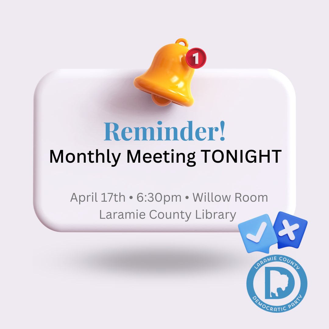 LaramieCDems's tweet photo. 📆 LAST MONDAY MEETING! 📆 

The day of our monthly meeting is changing! Join us tonight at 6:30pm in the Willow room of the Laramie County Library to hear about schedule changes and what the newly elected executive committee has been up to this past month. 🤩

See ya soon! 👋🏼 https://t.co/pFdFvZzDSS