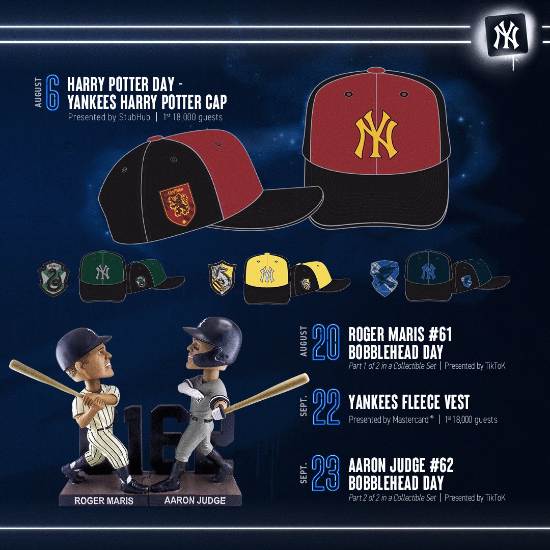 New York Yankees on X: We've got 8 new promotions on deck including: •  Fireworks Night • Aaron Judge Basketball Jersey Night • Harry Potter Day •  Roger Maris Bobblehead Day (Part