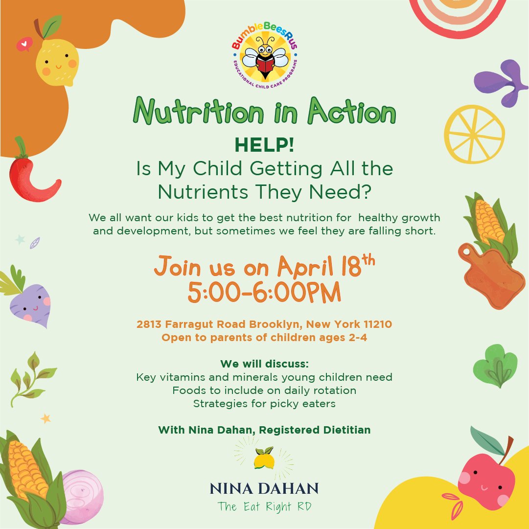 To all our #Flatbush Families! Join us next week at our Nutrition in Action Workshop. Help! Is My child getting all the nutrients they need? 🥕🍎🥑🥚🧅

#nutritionworkshop #nutritionforchildren #kidsnutrition #flatbush #flatbushbrooklyn #daycarenearme #childcareassitanceprogram