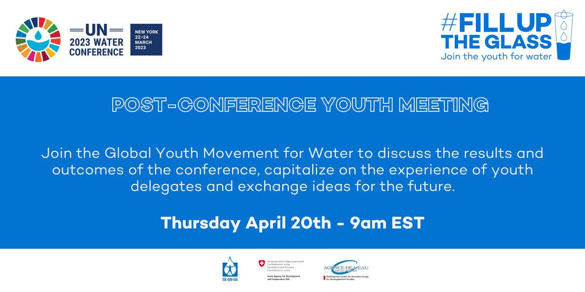 #UN2023WaterConference

Join us for a virtual webinar to discuss youth participation and outcomes of the conference.
📷 Thursday April 20th, 9AM ET

Register now: lnkd.in/eJ7zVqdf
#FillUpTheGlass #WaterGeneration