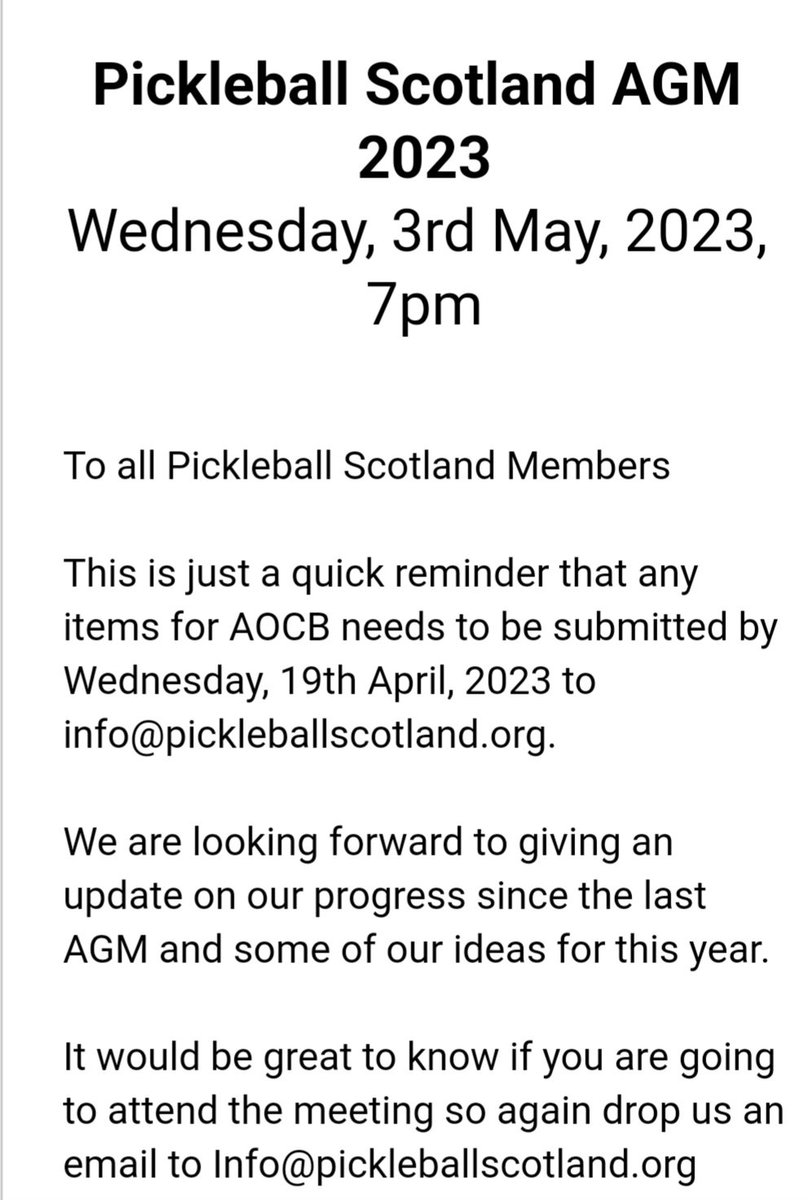Have your say at our AGM and contribute to the growth of Pickleball in Scotland. Join us now at pickleballscotland.org/member-info
Members E mail us by Wed 19th at  info@pickleballscotland.org with items for AOCB
<a href="/DrumPickleball/">Drumchapel Pickleball Club</a>
<a href="/EdinburghPickle/">Edinburgh Pickleball</a> <a href="/GWPickleball/">Glasgow West Pickleball</a>
