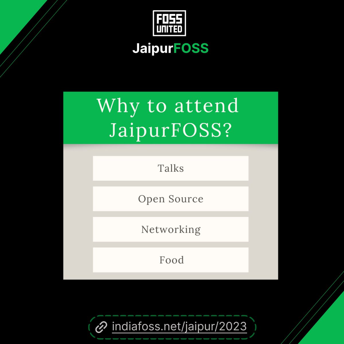jaipurfoss's tweet photo. Tired of finding reasons to attend the JaipurFOSS'23? 😴
Let us give you some more!
> Talks 
> Networking
> Open source
> Food
And you still think it won't be fun?
#JaipurFOSS #rajasthan #opensource
#technology 
@FOSSUnited @FOSSUnitedBLR @MumbaiFOSS @punefoss 
@FOSSUnitedDelhi https://t.co/YpRiZpcnc2