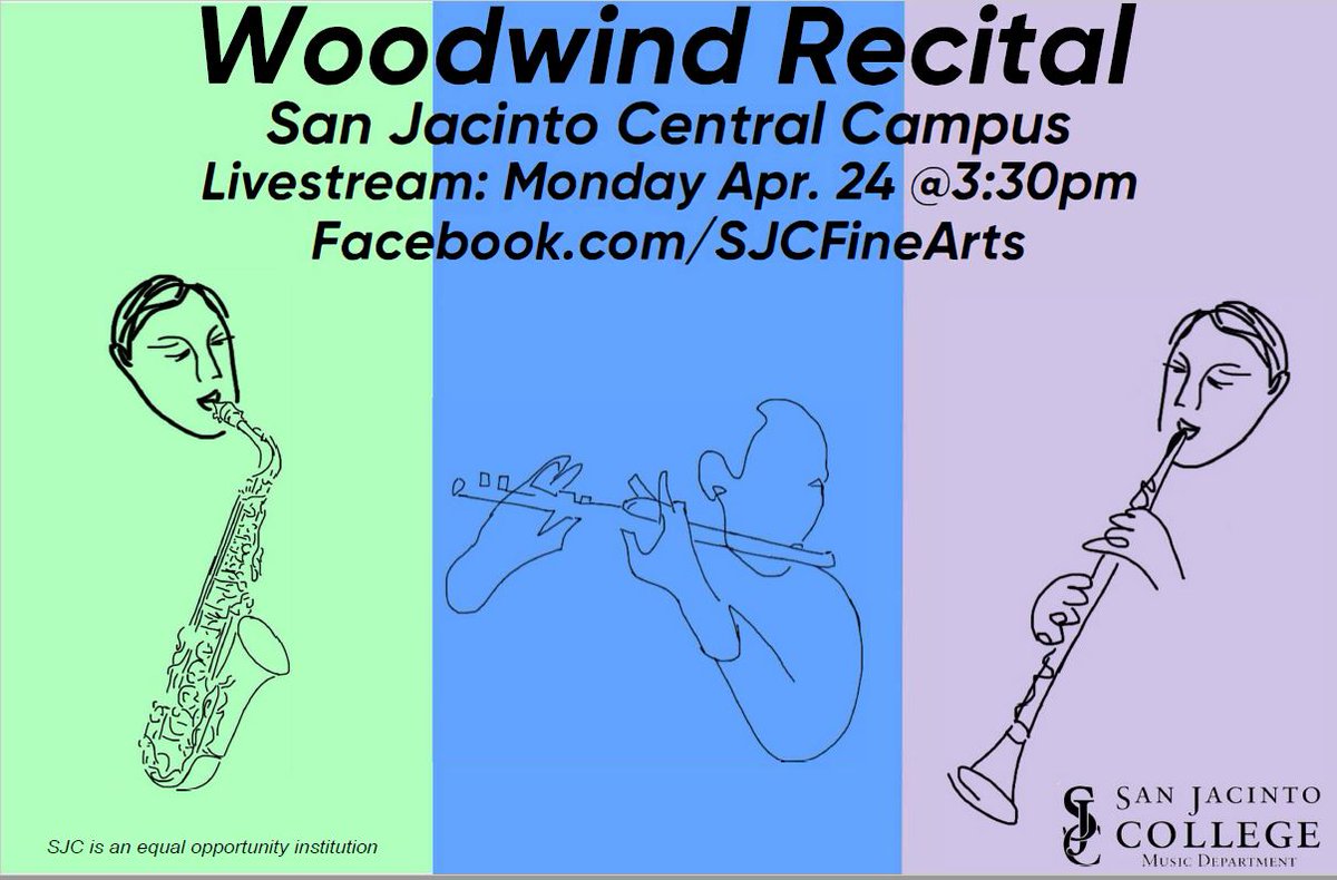 SJCCMusic's tweet photo. 🎷 TODAY!  SJCC Woodwind Recital, April 24 at 3:30 PM in Corbin Hall, Monte Blue Music Building (C5) @SanJacCollege #sjcspring23 #sjcfreeconcert In-person and livestreamed at https://t.co/V9Q9T9liuX 🎷 https://t.co/02JlcDVwtP