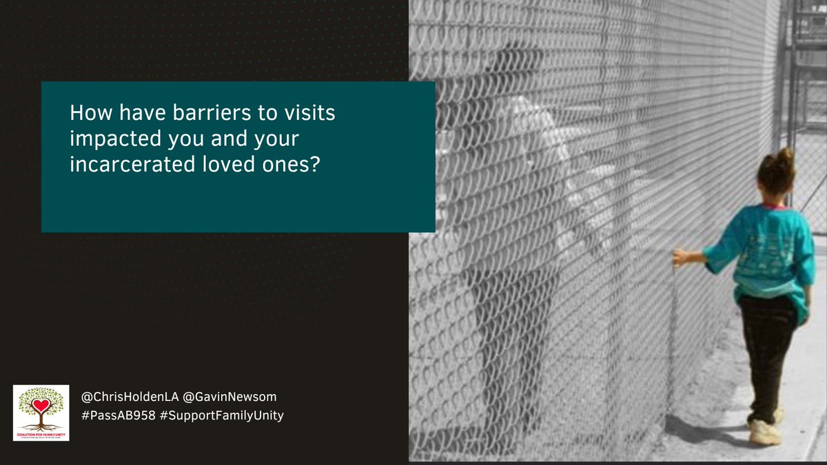 How have barriers to visits impacted you and your incarcerated loved ones?

#PassAB958
#VisitingIsARight
#FamilyisPriceless
#RestoreVistingRights
#SupportFamilyUnity

Tag: <a href="/Chrisholdenla/">Chris Holden</a> &amp; <a href="/GavinNewsom/">Gavin Newsom</a>