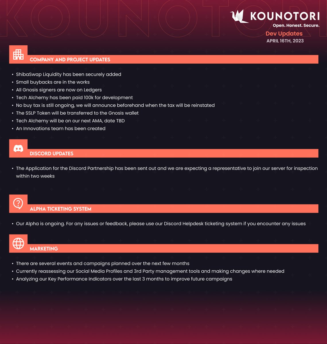 KounotoriToken's tweet photo. What have the devs been up to these past few weeks?
View our latest developer update!
Join the discord to learn more:
https://t.co/1nuMYXvkn9
#OpenHonestSecure https://t.co/ZugLCNHgEP