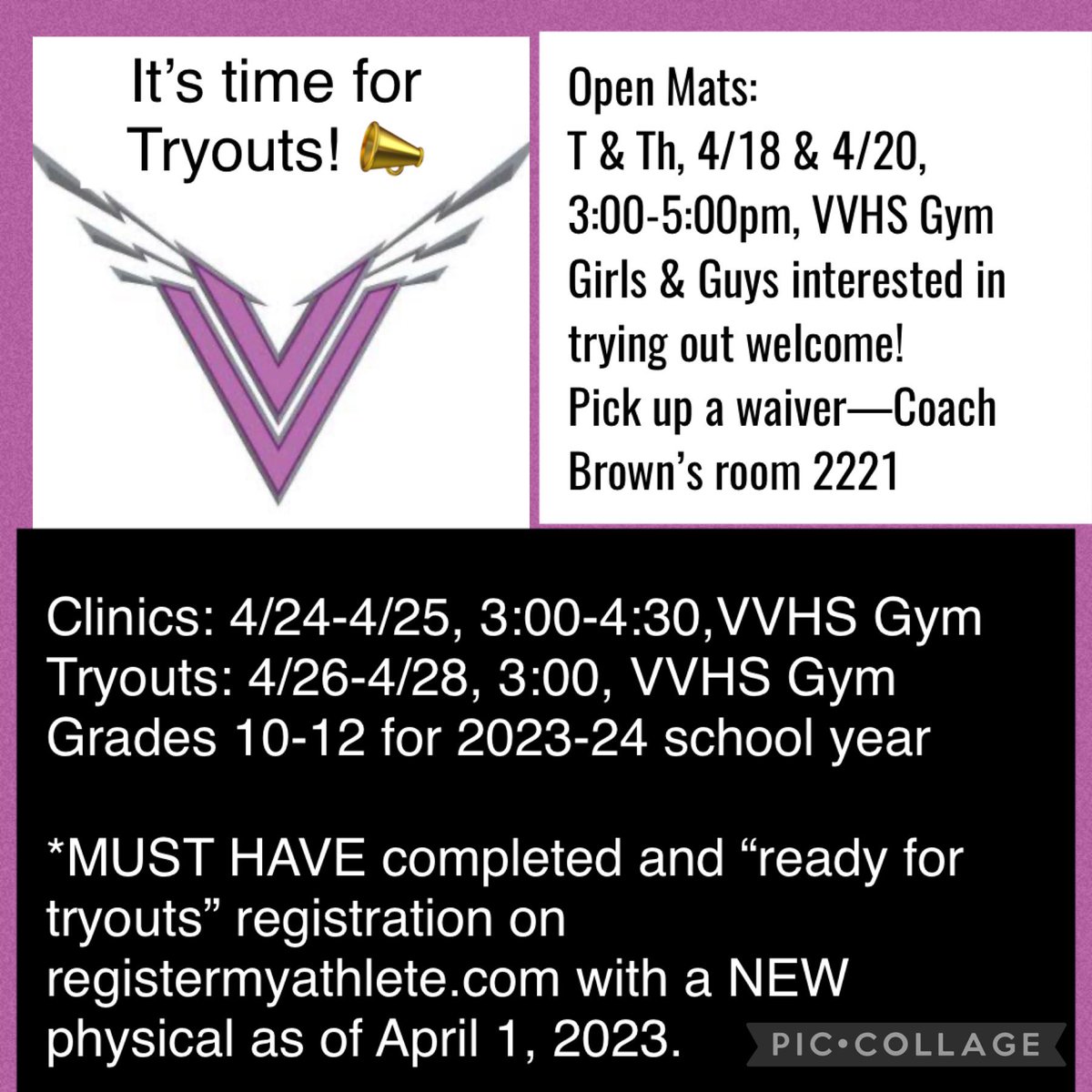 vvhs_cheer's tweet photo. Come to Open Mats and get ready for tryouts! https://t.co/Y99n96xreh