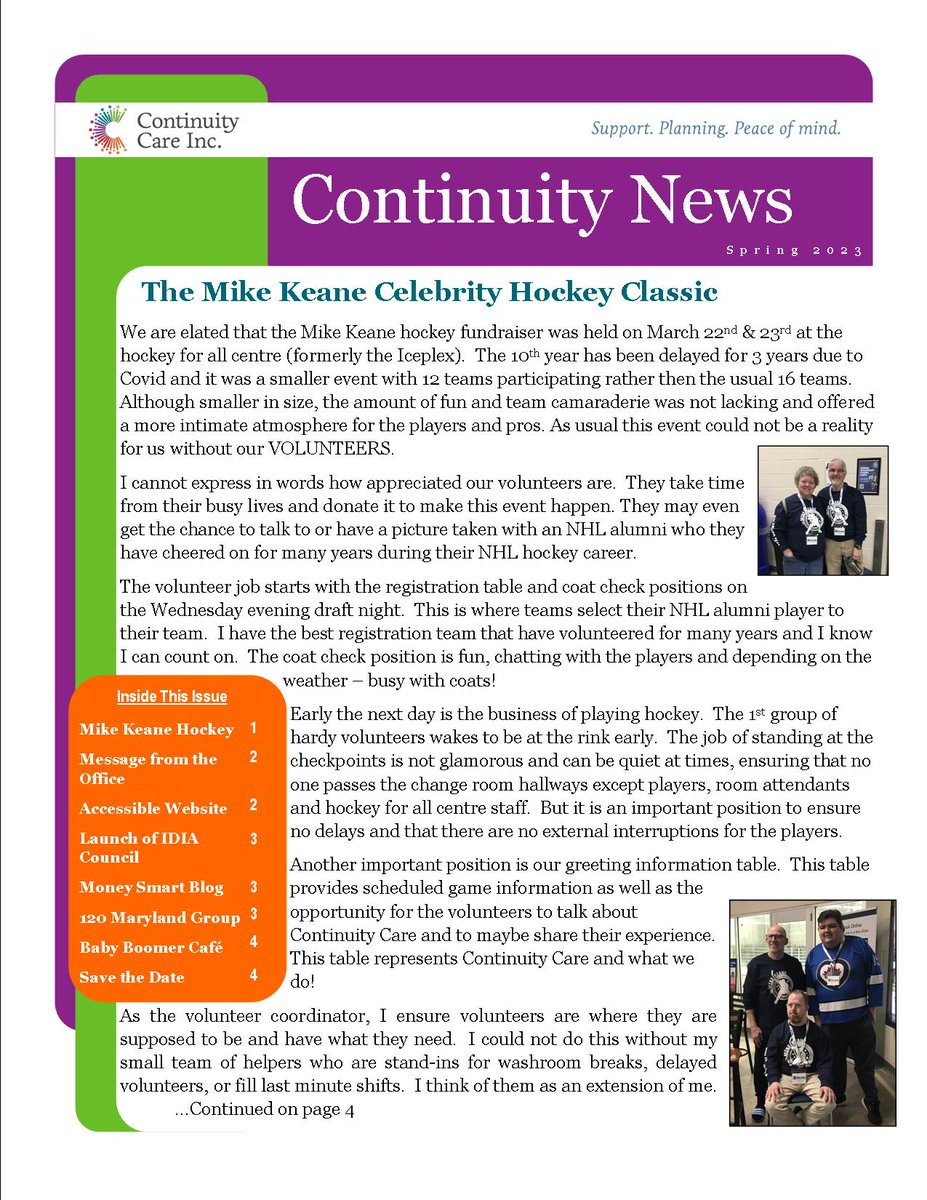 Spring is here and we hope you are out enjoying the sunshine and warmer weather.
Find yourself a sunny chair and enjoy our Newsletter.  Don't forget the Bulletin, where you will find workshops and groups.
Hope to see you soon. continuitycare.ca