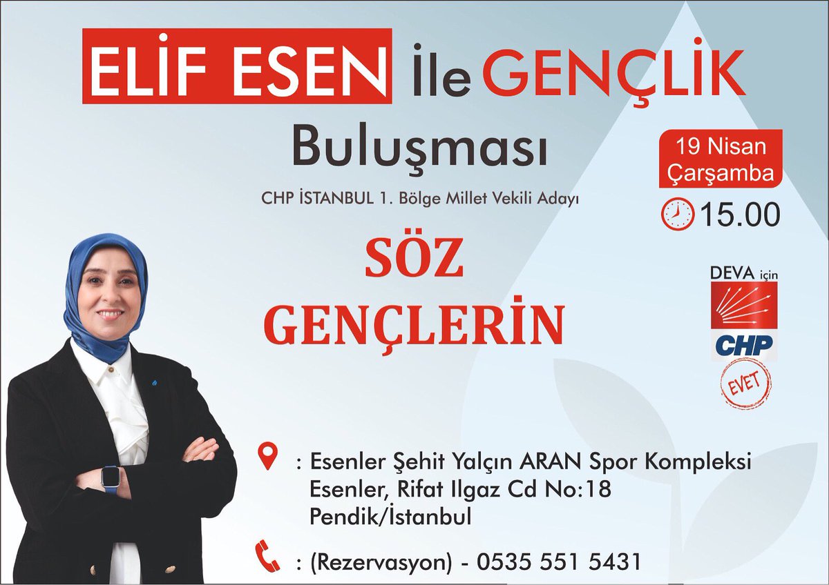 gencdevapendik's tweet photo. 19 Nisan Çarşamba Milletvekili adayımız Sn. Elif Esen’in katılımlarıyla Gençlik Buluşması organizasyonumuz olacaktır. Etkinliğin içeriği gençlerin milletvekilimize sorularını yöneltip soru sorma- münazara şeklinde olacaktır. Bütün genç arkadaşlarımız davetlidir. https://t.co/PeYNq20piq